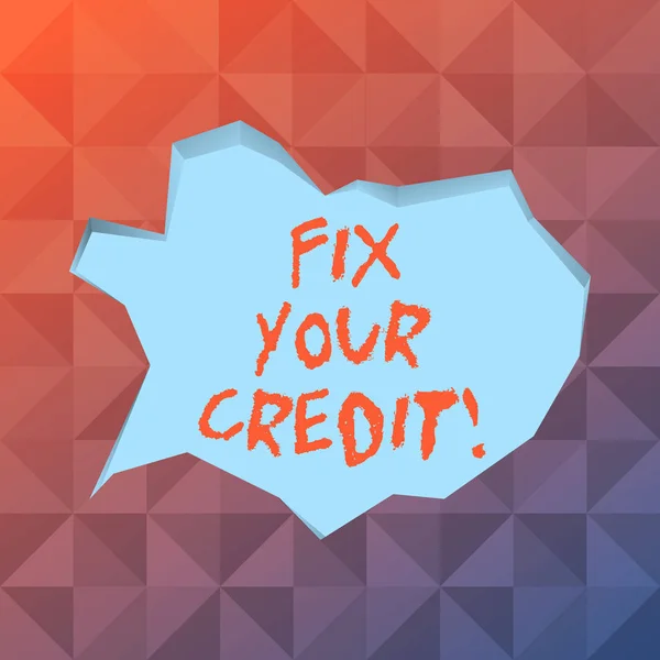 Ord skrivning text fixa din kredit. Affärs idé för att fastställa dålig kredit värdighet försämrades olika skäl blank ljusblå prat bubbla i oregelbunden cut Edge form 3D stil bakgrund. — Stockfoto