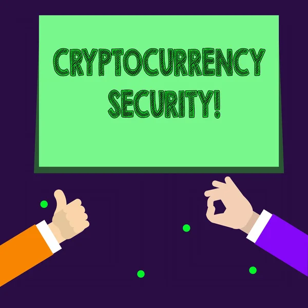 Writing note showing Cryptocurrency Security. Business photo showcasing attempts obtain digital currencies by illegal means Two Businessmen Hands Gesturing the Thumbs Up and Okay Sign. — Stock Photo, Image