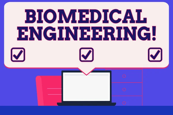 Text sign showing Biomedical Engineering. Conceptual photo advances knowledge biology medicine improves health Blank Huge Speech Bubble Pointing to White Laptop Screen in Workspace Idea.
