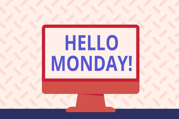 Text sign showing Hello Monday. Conceptual photo indicate starting fresh new week welcoming it with smile Blank Space Desktop Computer Colorful Monitor Screen Freestanding on Table.