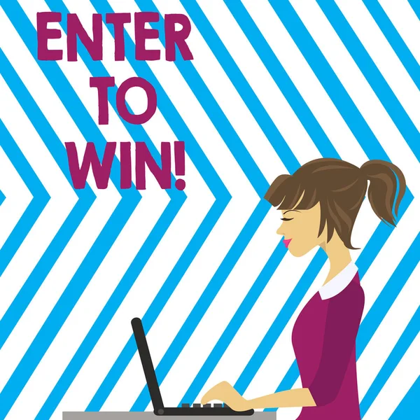 Słowo pisanie tekstu Enter to win. Koncepcja biznesowa do wymiany czegoś wartościowego dla szansy uzyskania nagrody zdjęcie młoda zajęty kobieta siedzi widok z boku i pracy na swoim laptopie. — Zdjęcie stockowe