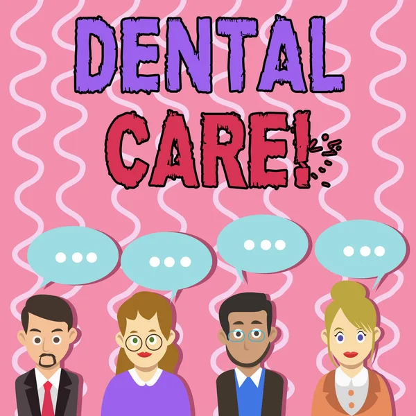 Text sign showing Dental Care. Conceptual photo maintenance of healthy teeth and may refer to Oral hygiene Group of Business People with Blank Color Chat Speech Bubble with Three Dots.