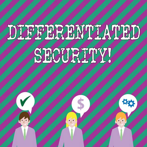 Text sign showing Differentiated Security. Conceptual photo deploys different policies according to identity Businessmen Each has their Own Speech Bubble with Optimization Cost Icons. — Stock Photo, Image