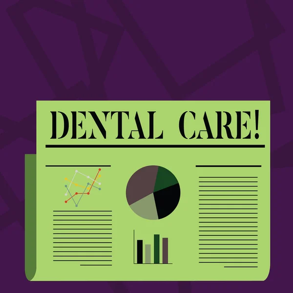 Writing note showing Dental Care. Business photo showcasing maintenance of healthy teeth and may refer to Oral hygiene Colorful Layout Design Plan of Text Line, Bar and Pie Chart. — Stock Photo, Image