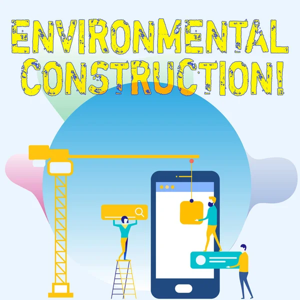 Conceptual hand writing showing Environmental Construction. Business photo showcasing knowledgeable about sustainable building practice Staff Working Together Target Goal with SEO Process Icons. — Stock Photo, Image