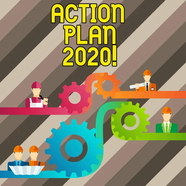 Ecriture conceptuelle montrant le Plan d'action 2020 Texte de la photo d'entreprise stratégie proposée ou plan d'action pour l'année prochaine Cog Gear Setting Icon Connect Men from Different Character . — Photo