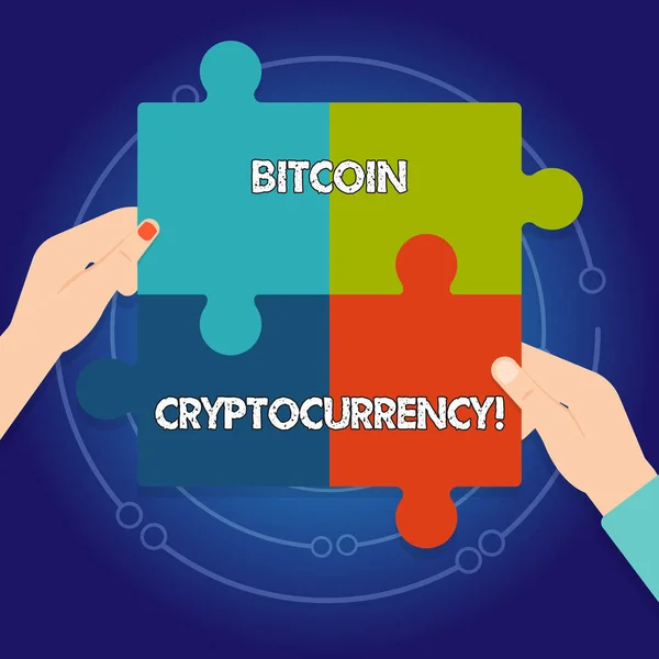 Textzeichen mit der Kryptowährung Bitcoin. konzeptionelles Foto digitale Zahlungswährung nutzt Kryptowährungen vier leere mehrfarbige Puzzleteile zusammengesetzt von menschlichen Händen. — Stockfoto
