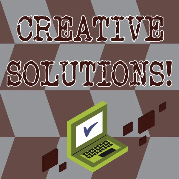 Conceptual hand writing showing Creative Solutions. Business photo showcasing mental process of creating unique solutions to problem Mail Envelopes around Laptop with Check Mark icon on Monitor.