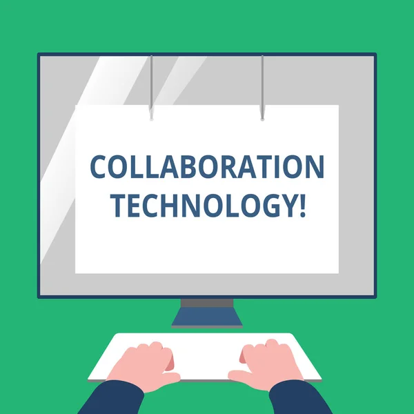 Text sign showing Collaboration Technology. Conceptual photo joint efforts work groups to accomplish task Hands on Mockup Keyboard Front of Blank White Monitor with Screen Protector. — Stock Photo, Image