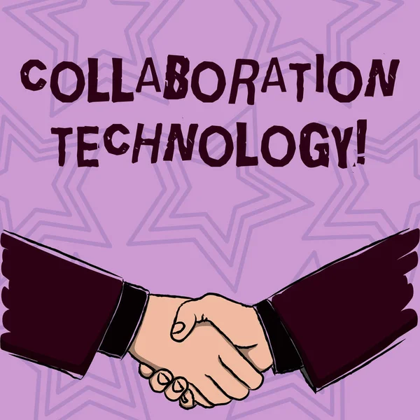 Κείμενο γραφής λέξεων τεχνολογία συνεργασίας. Επιχειρηματική έννοια για κοινές προσπάθειες ομάδες εργασίας για την επίτευξη έργο επιχειρηματίες κουνώντας τα χέρια σταθερά ως χειρονομία μορφή χαιρετισμού και συμφωνία. — Φωτογραφία Αρχείου