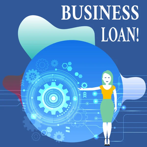 Writing note showing Business Loan. Business photo showcasing creation of debt which will be repaid with added interest Woman Presenting the SEO Process with Cog Wheel Gear inside. — Stock Photo, Image