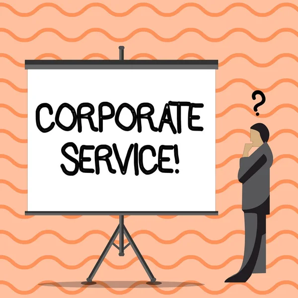 Writing note showing Corporate Service. Business photo showcasing activities combine enterprise needed support services Businessman with Question Mark Above his Head Blank Screen.