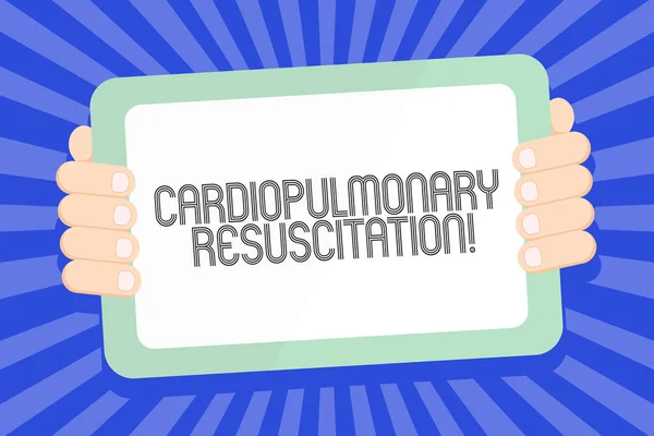 Text sign showing Cardiopulmonary Resuscitation. Conceptual photo repeated cycles compression chest respiration Color Tablet Smartphone with Blank Screen Handheld from the Back of Gadget.