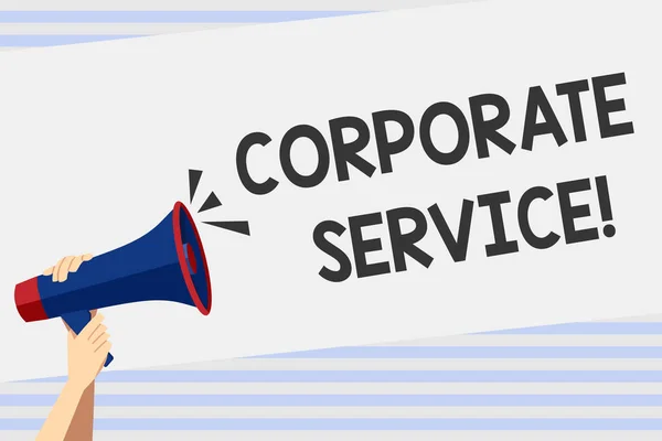 Writing note showing Corporate Service. Business photo showcasing activities combine enterprise needed support services Human Hand Holding Megaphone with Sound Icon and Text Space.