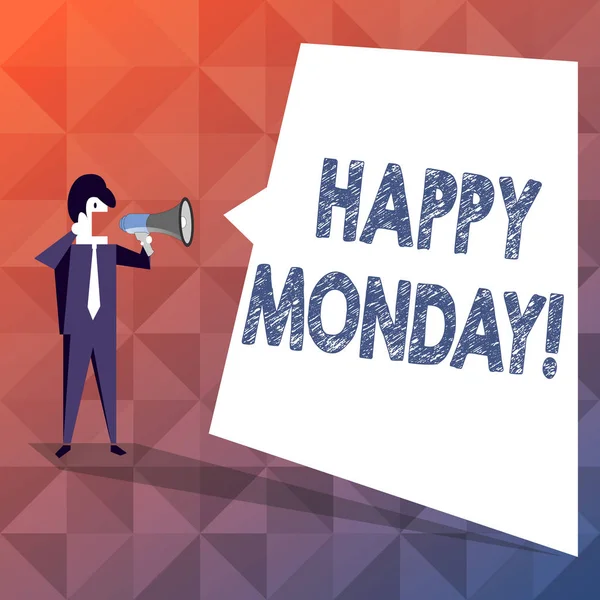 Textschild mit Happy Monday. konzeptionelle Foto zeigen den Start in die neue Woche mit Lächeln Geschäftsmann ruft auf Megafon und leere weiße ungleichmäßige Form Sprechblase begrüßen. — Stockfoto