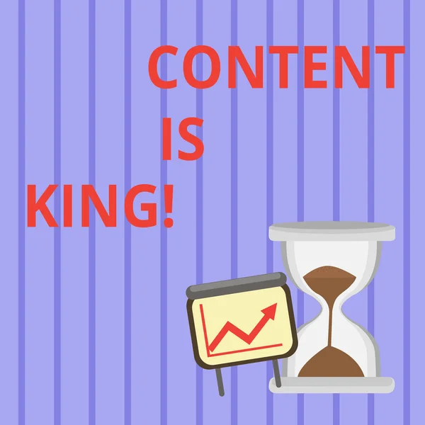 Word writing text Content Is King. Business concept for marketing focused growing visibility non paid search results Successful Growth Chart with Arrow Going Up and Hourglass with Sand Sliding.