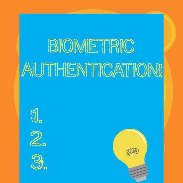 Writing note showing Biometric Authentication. Business photo showcasing identity verification involves biological input Light Bulb with Filament Inside Resting on Blank Color Paper.