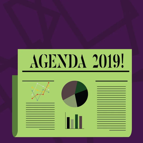 Nota de escritura que muestra la Agenda 2019. Lista de temas que se discutirán en la reunión formal o evento. Plan de diseño colorido de línea de texto, barra y gráfico de pastel. . — Foto de Stock