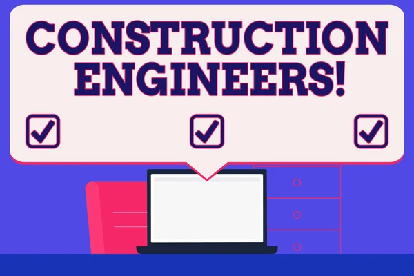 Signo de texto mostrando Ingenieros de Construcción. Disciplina fotográfica conceptual que se ocupa del diseño y la planificación de la pantalla en blanco de la burbuja del discurso enorme que señala a la pantalla blanca del ordenador portátil en la idea del espacio de trabajo . — Foto de Stock