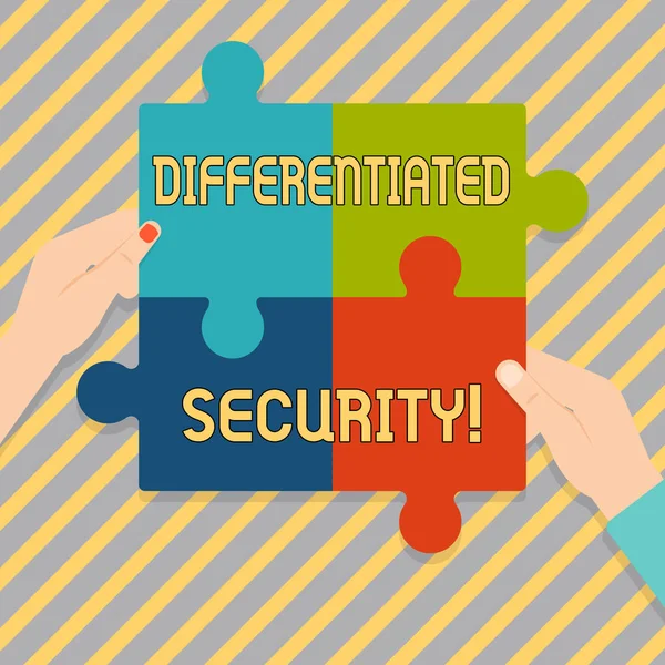 Text sign showing Differentiated Security. Conceptual photo deploys different policies according to identity Four Blank Multi Color Jigsaw Puzzle Tile Pieces Put Together by Human Hands. — Stock Photo, Image