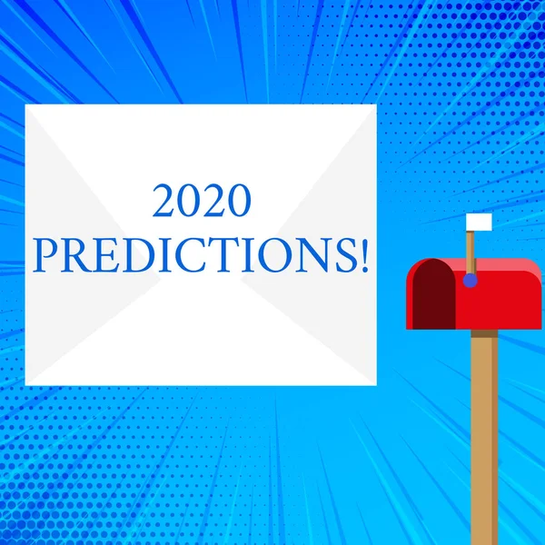 Texte manuscrit 2020 Predictions. Concept signifiant déclaration sur ce que vous pensez qu'il se passera à l'avenir Enveloppe blanche et boîte aux lettres rouge ouverte avec petit drapeau Signalisation . — Photo