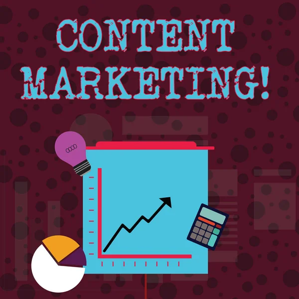 Conceptual hand writing showing Content Marketing. Business photo showcasing involves creation and sharing of online material as videos Investment Icons of Pie and Line Chart with Arrow Going Up. — Stock Photo, Image