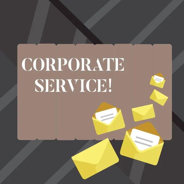 Text sign showing Corporate Service. Conceptual photo activities combine enterprise needed support services Closed and Open Envelopes with Letter Tucked In on Top of Color Stationery.