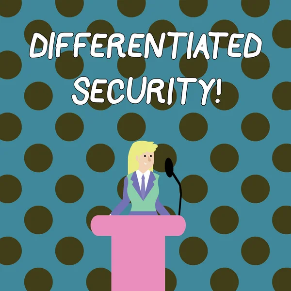 Word writing text Differentiated Security. Business concept for deploys different policies according to identity Businesswoman Standing Behind Podium Rostrum Speaking on Wireless Microphone. — Stock Photo, Image