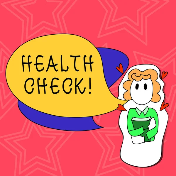 Scrittura concettuale a mano che mostra Health Check. Foto d'affari esame di testo per determinare se dimostrando affetti da malattia Girl Holding Book con cuori intorno a lei e Speech Bubble . — Foto Stock