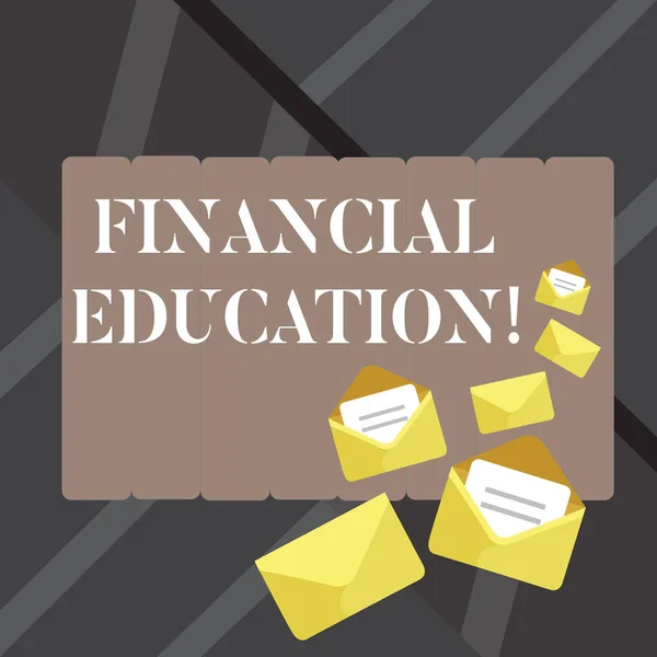 Text sign showing Financial Education. Conceptual photo allows individual make decisions with fnancial resources Closed and Open Envelopes with Letter Tucked In on Top of Color Stationery.