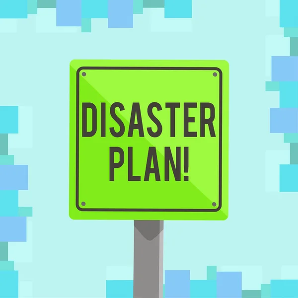 Writing note showing Disaster Plan. Business photo showcasing process or set of procedures to execute organizations recovery 3D Square Colorful Caution Road Sign with Black Border Wood. — Stock Photo, Image