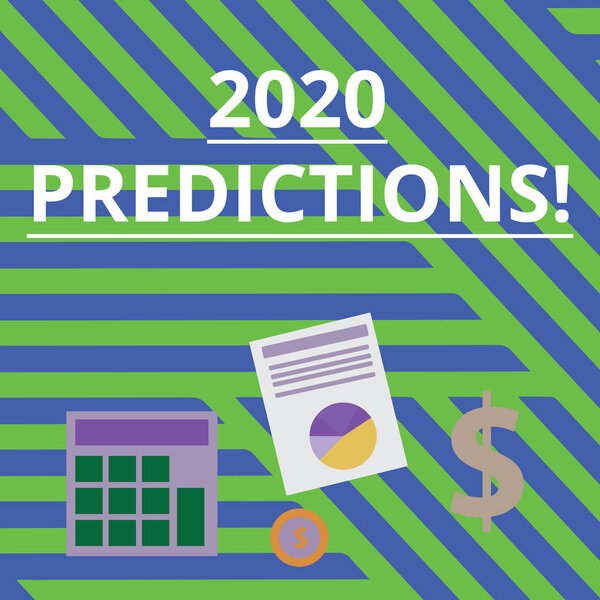 Word writing text 2020 Predictions. Business concept for statement about what you think will happen in future Computing Dollar Investment in Gold and Presenting Data thru Pie Chart Graph.
