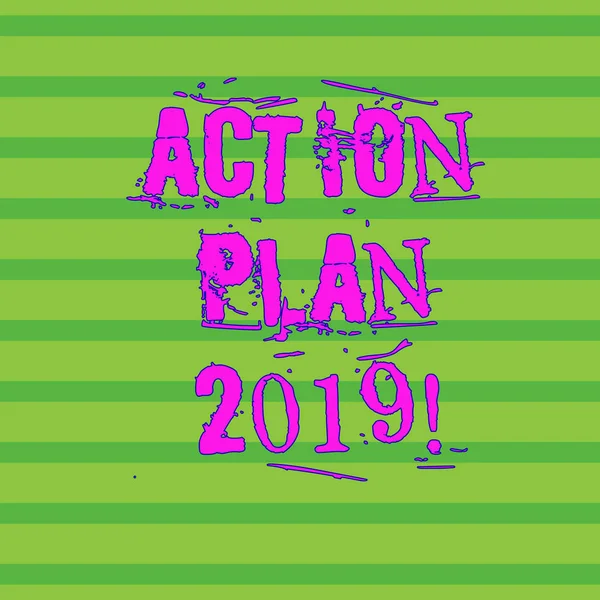 Word writing text action plan 2019. business concept for proposed strategy or course of actions for current year horizontal pattern of straight parallel streifen in two color for background. — Stockfoto