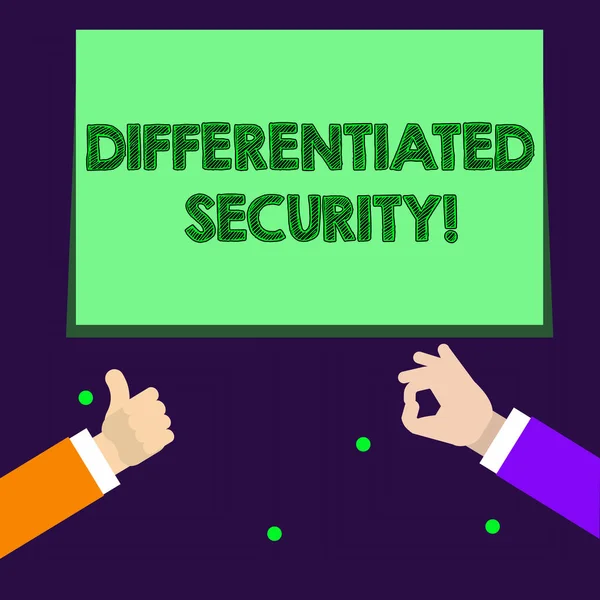 Writing note showing Differentiated Security. Business photo showcasing deploys different policies according to identity Two Businessmen Hands Gesturing the Thumbs Up and Okay Sign. — Stock Photo, Image