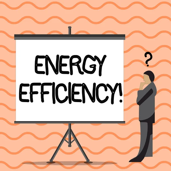 显示能源效率的书写笔记。商业照片展示的意思是使用更少的能量来提供相同的服务商人与问号以上的头空白屏幕. — 图库照片