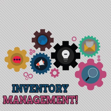 Kavramsal el stok yönetimi gösterilen yazma. İş fotoğraf metin denetimi olmayan büyük harfli varlıkları ve hisse senedi öğeleri ayarla, küresel Online sosyal ağ simgeleri Cog Wheel dişli.