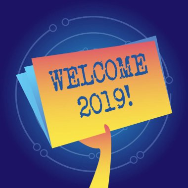 Hoşgeldiniz 2019 gösterilen not yazma. İş fotoğraf örneği veya birisi tebrik analysisners vitrine gibi yeni yıl el Holding boş alan renk dosya ile klasör sayfası içinde.