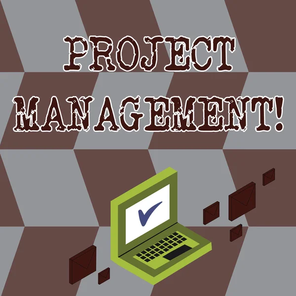 Conceptual hand writing showing Project Management. Business photo showcasing practice of initiating planning controlling work team Mail Envelopes around Laptop with Check Mark icon on Monitor.