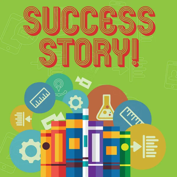 Conceptual hand writing showing Success Story. Business photo text story of demonstrating who rises to fortune or brilliant achievement Books Arranged Standing in Row with Educational Icons Behind.