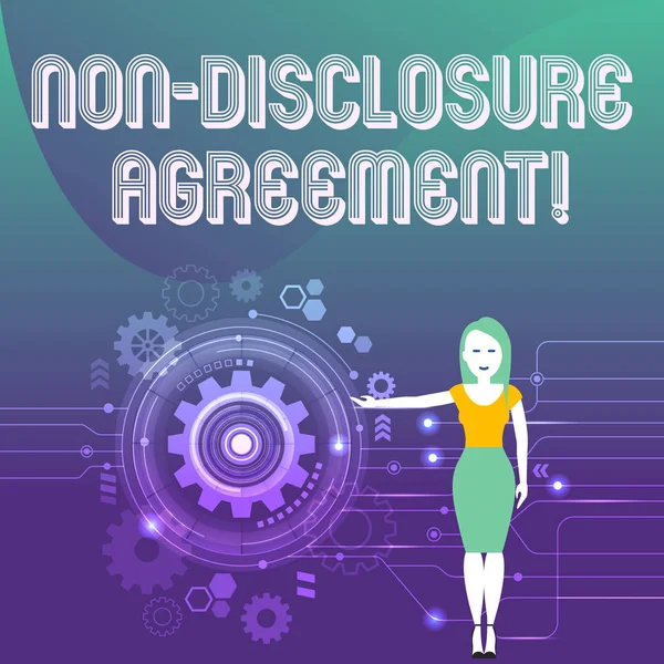 Word writing text Non Disclosure Agreement. Business concept for parties agree not disclose confidential information Woman Standing and Presenting the SEO Process with Cog Wheel Gear inside.