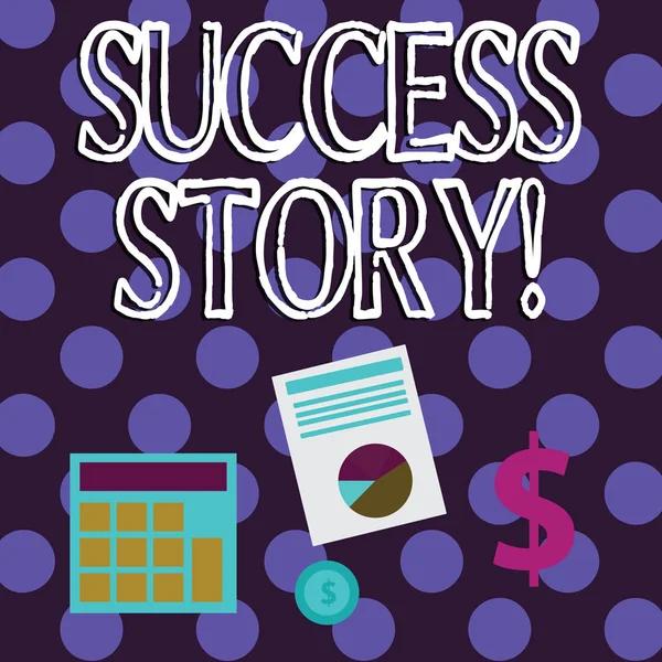 Conceptual hand writing showing Success Story. Business photo text story of demonstrating who rises to fortune or brilliant achievement Dollar Investment in Gold and Presenting Data thru Pie Chart. — Stock Photo, Image