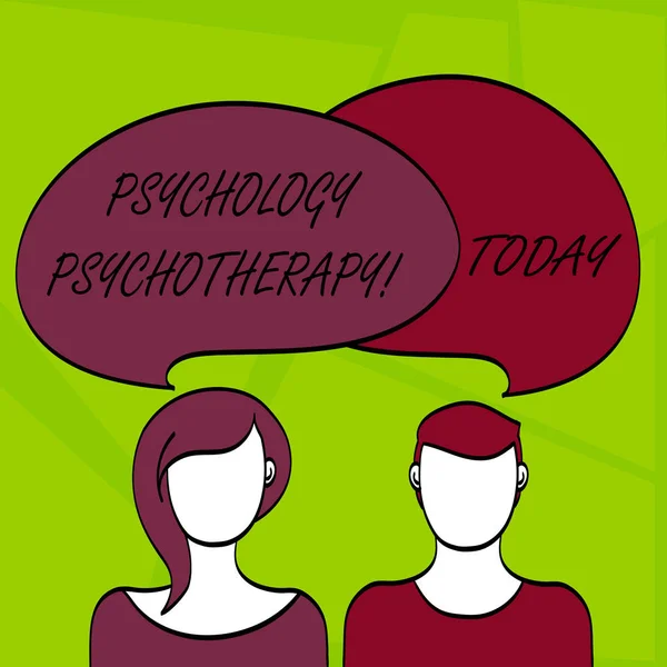 Writing note showing Psychology Psychotherapy. Business photo showcasing treatment of mental disorder by psychological means Faces of Male and Female Colorful Speech Bubble Overlaying. — Stock Photo, Image