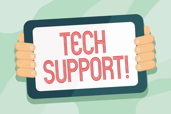 Handgeschreven tekst Tech Support. Concept, wat betekent dat de dienst door hardware of software welke hulp en advies producten kleur Tablet Smartphone met leeg scherm Handheld vanuit de achterkant van Gadget. — Stockfoto