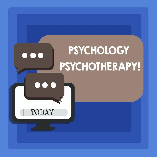 Handschriftliche Textschreiben Psychologie Psychotherapie. Konzept, das die Behandlung psychischer Störungen mit psychologischen Mitteln bedeutet, leerer Computermonitor und zwei Sprechballons mit drei Punkten für das Chat-Symbol. — Stockfoto