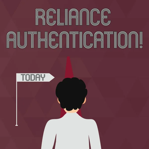 Writing note showing Reliance Authentication. Business photo showcasing part of trust based identity attribution process Man Facing Distance and Blocking the View of Straight Narrow Path. — Stock Photo, Image