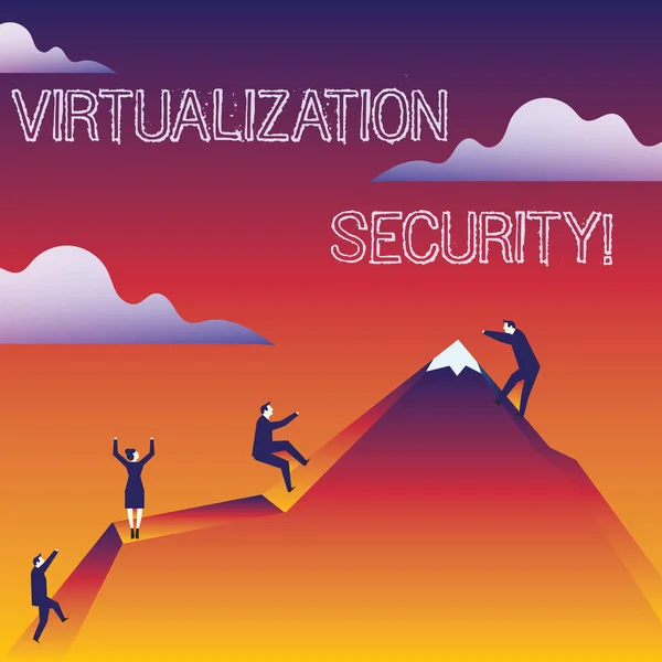 Scrittura di testi a mano Virtualization Security. Concetto che significa eseguire più istanze virtuali su un singolo dispositivo Business People Climbing Color Mountain da soli Holding Invisible Rope . — Foto Stock