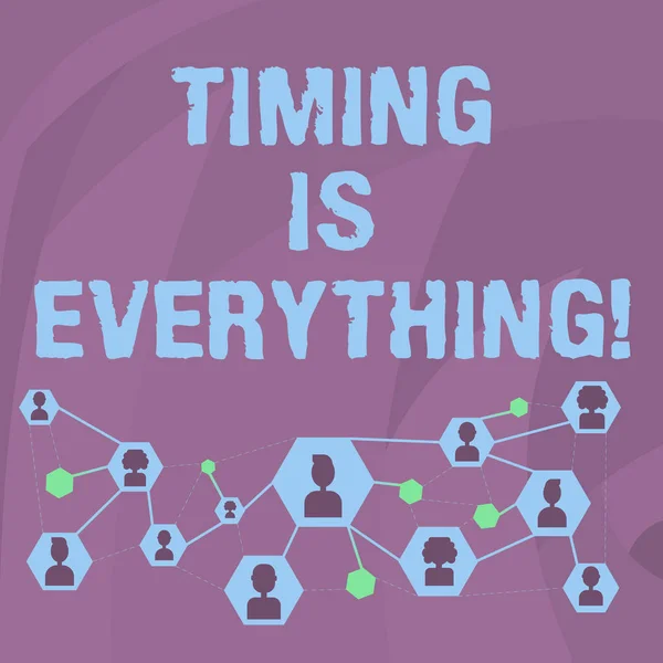 Word writing text Timing Is Everything. Business concept for Consideration events can influence some desired outcome Online Chat Head Icons with Avatar and Connecting Lines for Networking Idea.