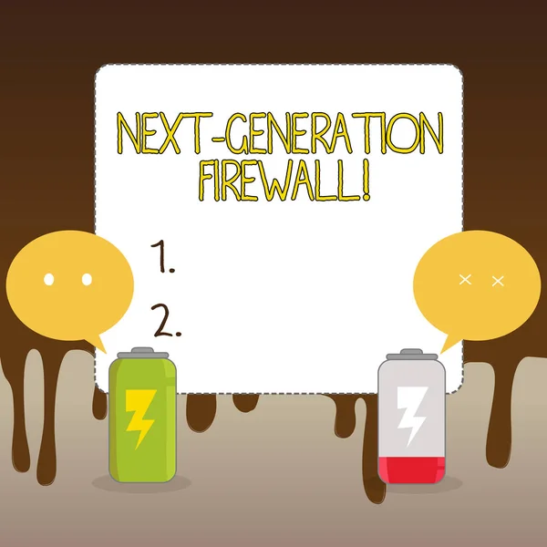 Handwriting text Next Generation Firewall. Concept meaning combining firewall with other network filtering Fully Charged and Discharged Battery with Two Colorful Emoji Speech Bubble.