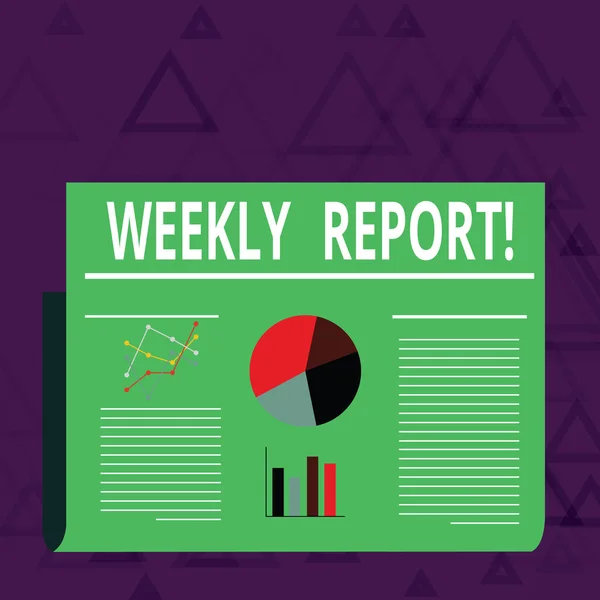 Tekst pisma tygodniowy raport. Znaczenie pojęcia zawiera informacje o co stały się znane w ciągu tygodnia kolorowy Layout Design Plan z wiersza tekstu, Bar, liniowego i wykres wykres kołowy. — Zdjęcie stockowe