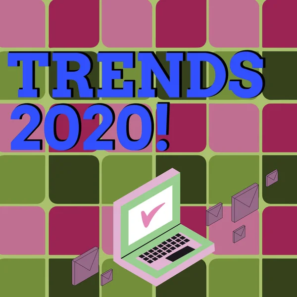 Tekst teken weergegeven: Trends 2020. Conceptuele foto algemene richting waarin iets volgend jaar kleur Mail enveloppen rond Laptop met vinkje op het beeldscherm van ontwikkelt zich. — Stockfoto